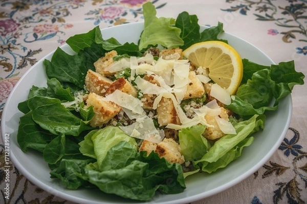 Fototapeta Close-up of a Traditional Caesar Salad Served on an Elegant Embroidered Cloth