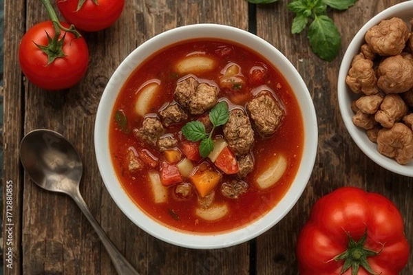 Fototapeta Classic Eastern European beet soup served in rustic setting