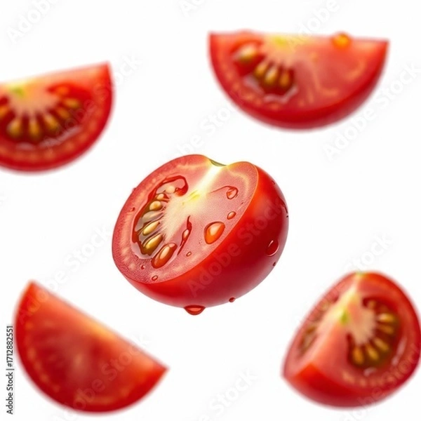 Fototapeta Floating tomato slices with water drops, realistic AI-generated image