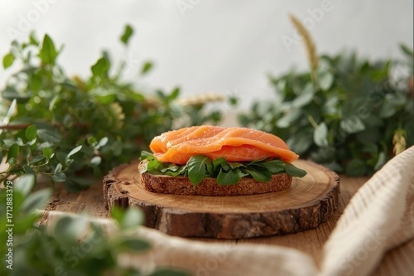 Fototapeta Classic salmon sandwich made from scratch on a rustic table setting