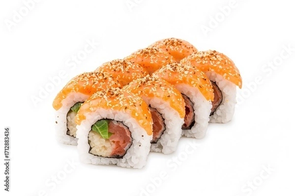 Fototapeta Authentic Fresh Sushi Rolls from Japan Set Against a White Backdrop