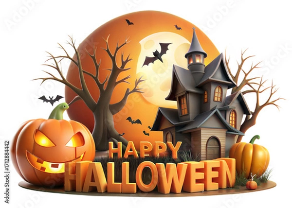 Fototapeta Spooky happy halloween scene with jack-o-lantern haunted house bats and full moon