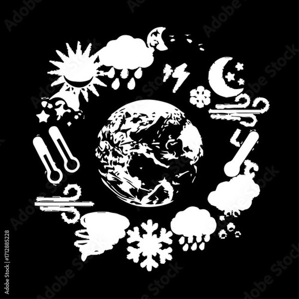 Fototapeta White Globe Surrounded by Weather Icons Depicting Climate and Meteorology.