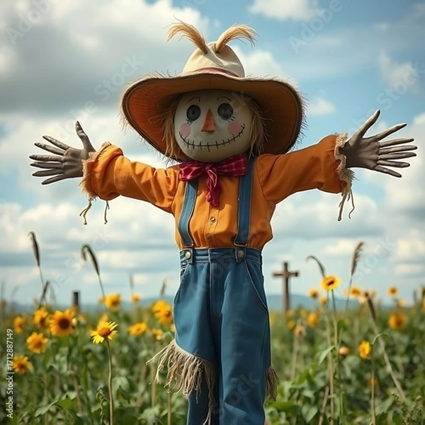 Fototapeta Scarecrow Amidst Sunflowers: A whimsical scarecrow stands in a vibrant field of sunflowers, a charming and rustic scene embodying the spirit of autumn with its warmth and character. 