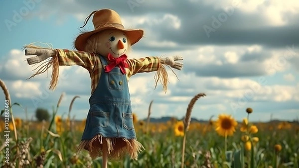 Fototapeta Whimsical Scarecrow in Sunflower Field: A charming scarecrow stands amidst a vibrant sunflower field, with a warm smile and welcoming pose under a beautiful, cloudy sky.