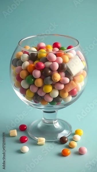 Fototapeta A Colorful Mix: A close-up shot of a filled glass cup with various candies on a solid background in a beautiful and artistic presentation.