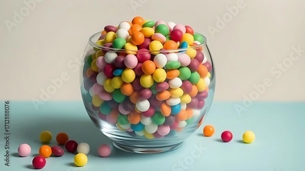 Fototapeta Candy Sphere in a Glass Bowl: A visually delightful collection of colorful candies spills from a clear glass bowl, creating a playful and inviting display.