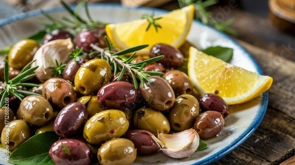 Fototapeta Freshly prepared olives marinated in herbs. The olives are topped with a vibrant blend of herbs such as rosemary, thyme, and oregano. Lemon slices and garlic cloves, laid out among olives.