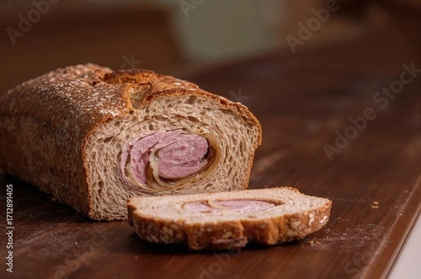 Fototapeta Wholemeal bread with ham and onion