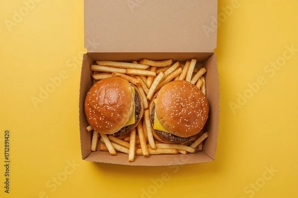 Fototapeta Top-down view of an open cardboard container filled with burgers and fries on a bright yellow surface