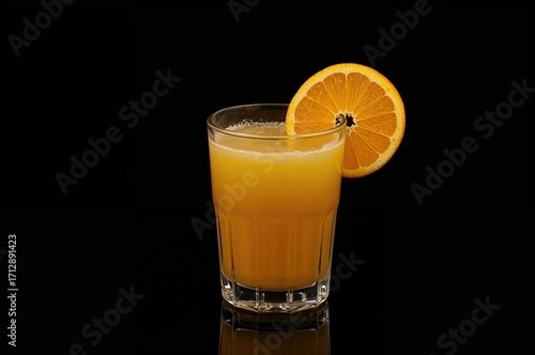 Fototapeta Glass Filled With Orange Juice and a Slice of Orange on the Rim Against a Dark Backdrop