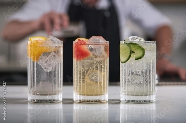 Fototapeta Classic long drink featuring gin and tonic served with various garnishes such as orange, grapefruit, or cucumber in individual glasses