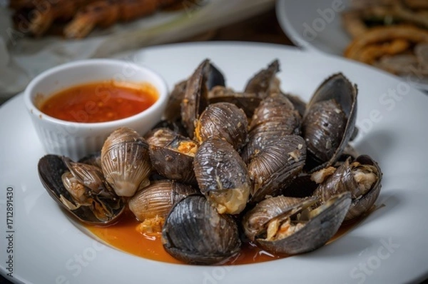 Fototapeta Steamed shellfish served with a hot and tangy dipping sauce, highlighting a seafood dish with bivalves.