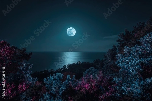 Fototapeta A nocturnal view of a future site under a radiant full moon reflecting on the water, surrounded by lush trees with vibrant leaves.