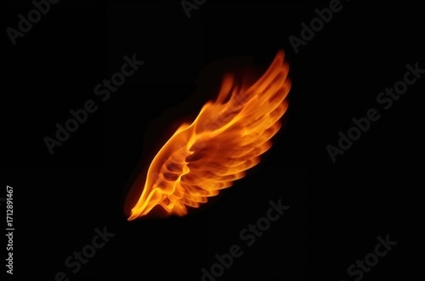 Fototapeta Single wing engulfed in flames on dark backdrop with blurred effect and space for text