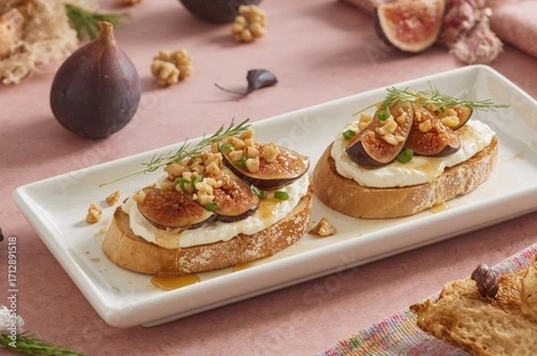 Fototapeta Cream cheese and fig open-faced sandwiches topped with honey and walnuts on a white plate against a pink backdrop