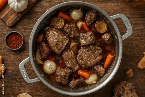 Fototapeta Rich beef bone broth simmered with roasted carrots, onions, garlic, and aromatic spices in a rustic pot on a wooden surface, overhead shot, close-up, macro