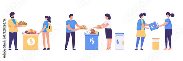 Fototapeta Volunteers donating food clothes and money to charity collection boxes and donation jars in flat minimalist vector style illustrating community support and generosity