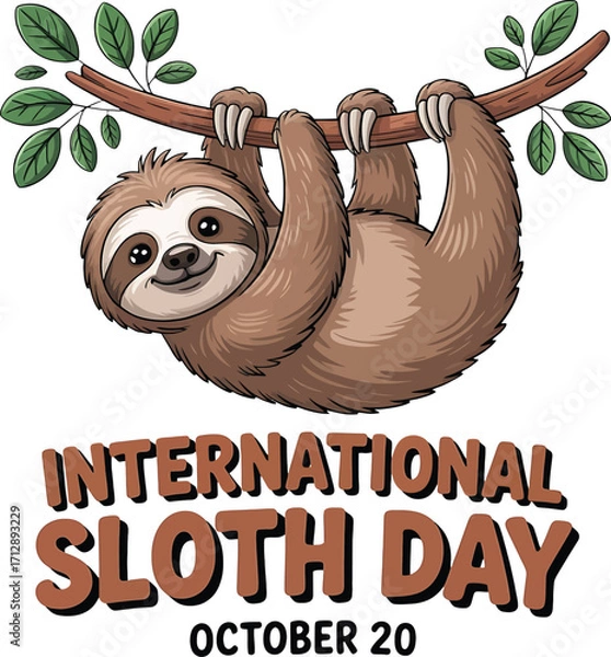 Obraz International Sloth Day illustration with sloth hanging on a branch cartoon animal