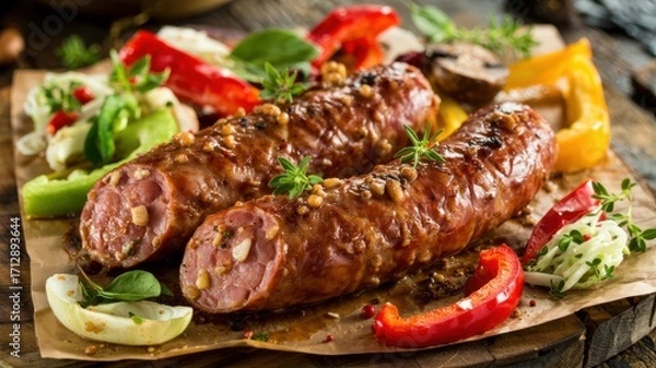 Fototapeta Grilled sausages are slightly browned, juicy and tender inside. Sausage on a wooden board surrounded by fresh vegetables: bell peppers, onions and mushrooms. The dish is decorated with fresh herbs.