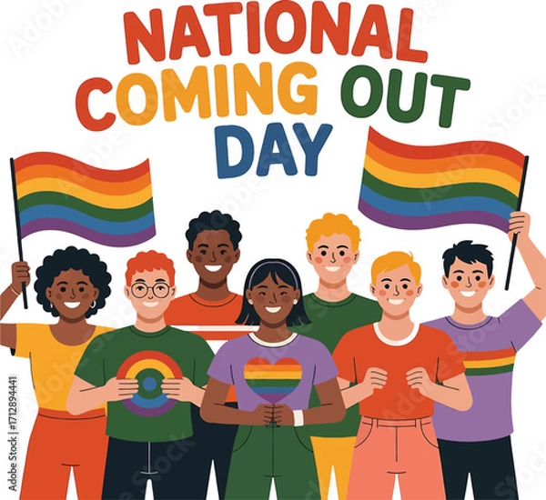 Obraz National Coming Out Day diverse group of people holding rainbow flags and wearing pride symbols LGBTQ