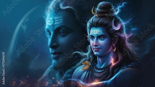 Fototapeta Images of Lord Shiva, his face radiates a powerful aura. The blurred background softly merges with the presence of Shiva, creating a sense of unearthly transition. A photo with a place for the text.