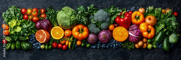 Fototapeta Vibrant and Bountiful Assortment of Fresh Organic Fruits and Vegetables Artfully Arranged on Textured Dark Background