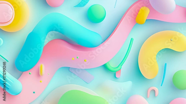 Fototapeta Playful abstract composition of soft, rounded 3D shapes and fluid lines in vibrant pastel color palette, creating whimsical and modern design aesthetic