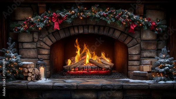 Fototapeta Warm and inviting Christmas hearth with roaring log fire, snow-dusted evergreen garland, twinkling lights, red bows, and cozy winter decorations.