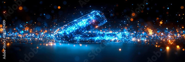 Fototapeta Dynamic Luminous Blue Abstract Structures Infused with Glowing Particles, Resting on Reflective Surface Amidst Vibrant Bokeh and Sparkle Environment