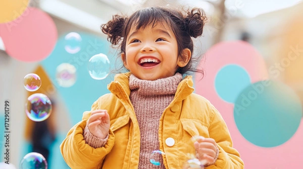Fototapeta Happy toddler girl in bright yellow coat and pink sweater, smiling widely at enchanting soap bubbles in vibrant outdoor setting.