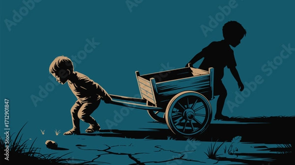 Fototapeta Two young boys pull a cart across a dry field, representing childhood labor and struggle together