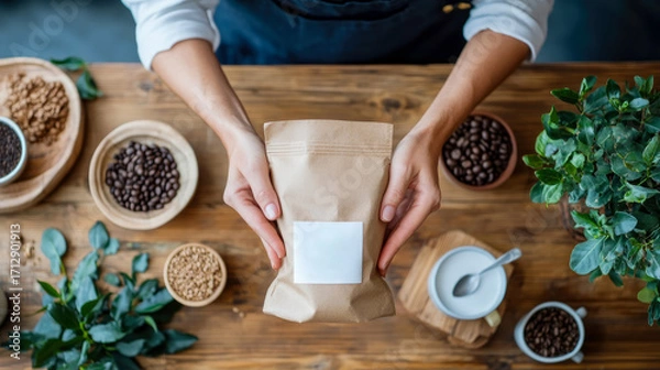 Fototapeta Top-down view of hands holding blank craft coffee pouch with natural beans, grounds, and ingredients on rustic wooden table, showcasing artisanal product presentation