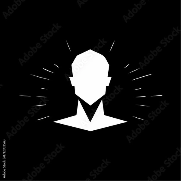 Fototapeta A stylized, geometric white silhouette of a human head and shoulders emanates radiating lines against a stark black background, suggesting thought or inspiration.