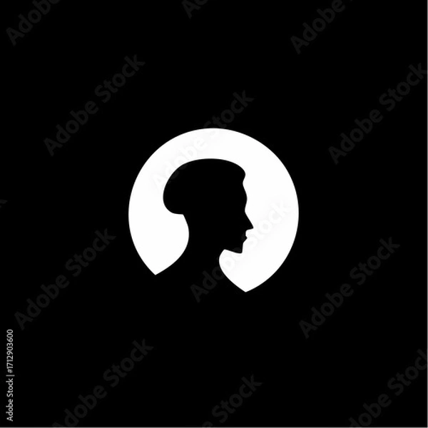 Fototapeta Silhouette of a person's profile within a bright white circle against a stark black background, suggesting an abstract representation of identity or thought.