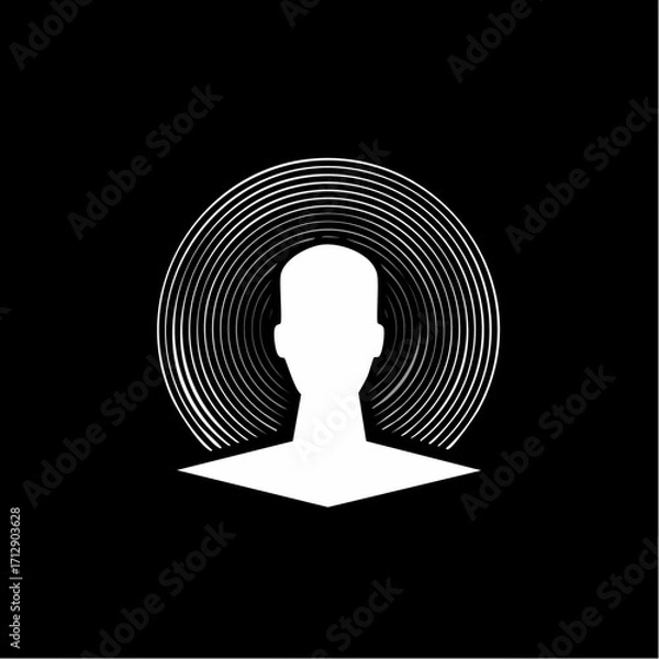 Fototapeta Silhouette of a human head with concentric circles emanating outwards, set against a stark black background, creating a stylized and abstract visual.
