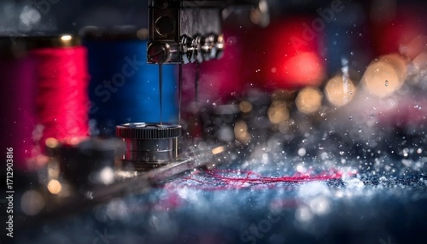 Fototapeta Dramatic Macro of a Sewing Machine Needle with Red Thread and Glistening Water Droplets.