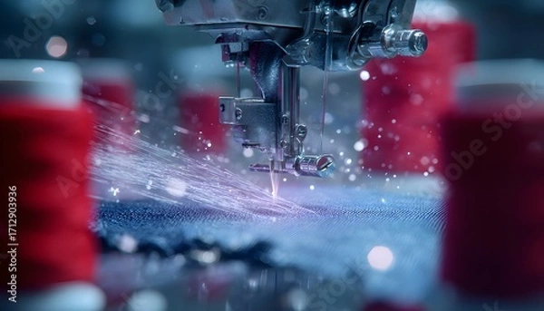 Fototapeta Industrial Sewing Machine in Action: Dynamic Close-up of High-Speed Stitching with Vibrant Red Thread and Water Splashes.