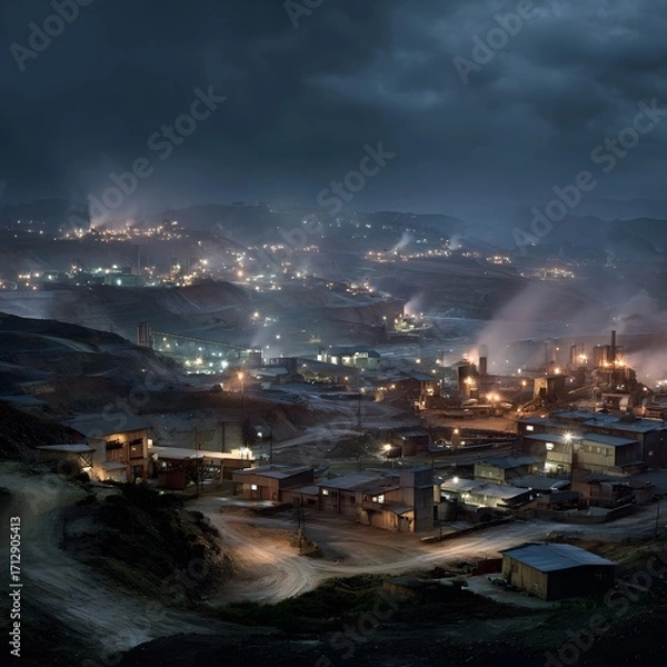 Fototapeta Labyrinth of Light and Steam: A Sprawling Industrial Mining Complex Under a Moody Night Sky.