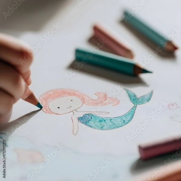 Fototapeta Close-up of a childs hand coloring a whimsical mermaid drawing with colored pencils.
