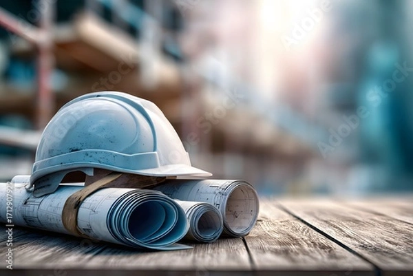 Fototapeta Construction Blueprint Hard Hat and Rolled Plans on Wooden Table Blurred Background.