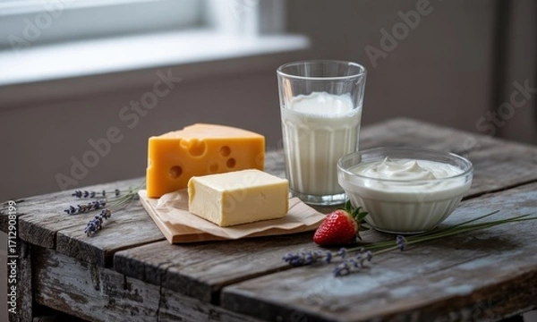 Obraz Dairy selection on rustic wooden table