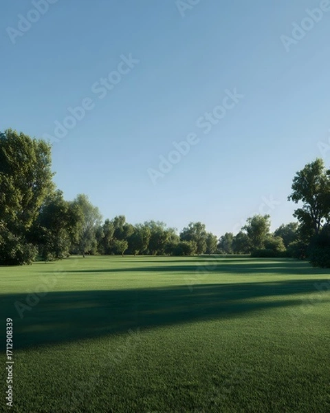Fototapeta Serene Green: Expansive Lawn with Trees Under a Clear Blue Sky.