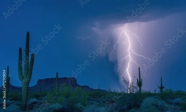 Obraz Desert lightning storm, dramatic sky,  cacti