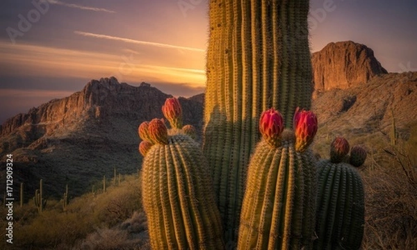 Obraz Desert sunset, saguaro cactus blossoms