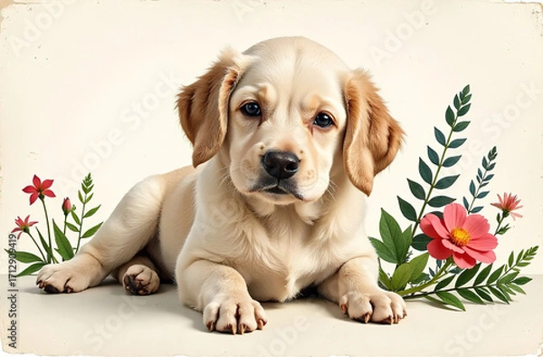 Fototapeta Labrador puppy. Colored drawing on a light background. Nearby is a plant in the form of a flower and a stem with leaves. Vintage, clip art, on papyrus paper.