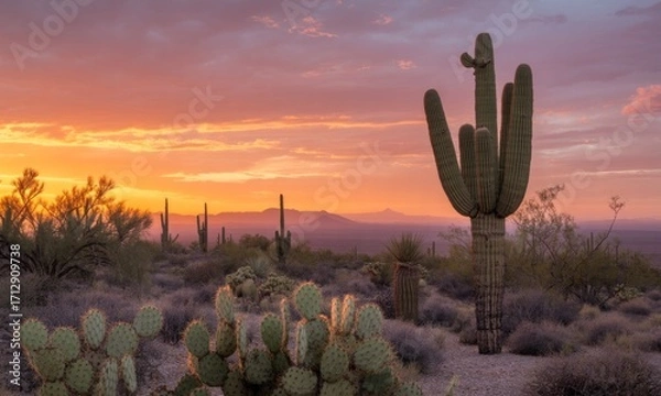 Obraz Desert sunset with saguaro and prickly pear cacti