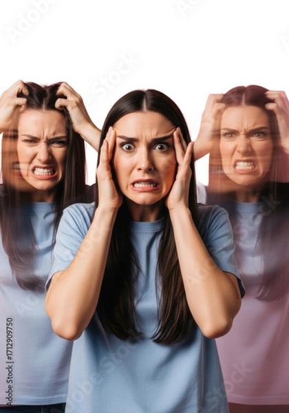 Fototapeta Young woman in panic, hands at temples, flanked by blurred ghosted figures of her frustration and fury on pastel pink studio background with dramatic lighting, psychological torment