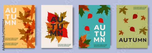 Obraz Autumn greeting card collection with colorful leaves and seasonal text design on modern backgrounds