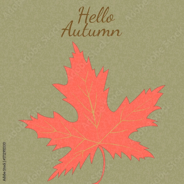 Obraz Autumn greeting card with red maple leaf illustration and hello autumn text on green paper background